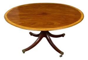English Mahogany 1840s Oval Top Pedestal Table with Quadripod Base and Casters