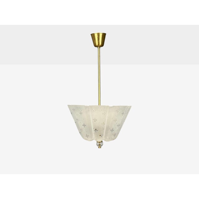 Mid-Century Modern Nils Landberg, Rare Chandelier, Etched Glass, Brass, Sweden, 1940s For Sale - Image 3 of 13