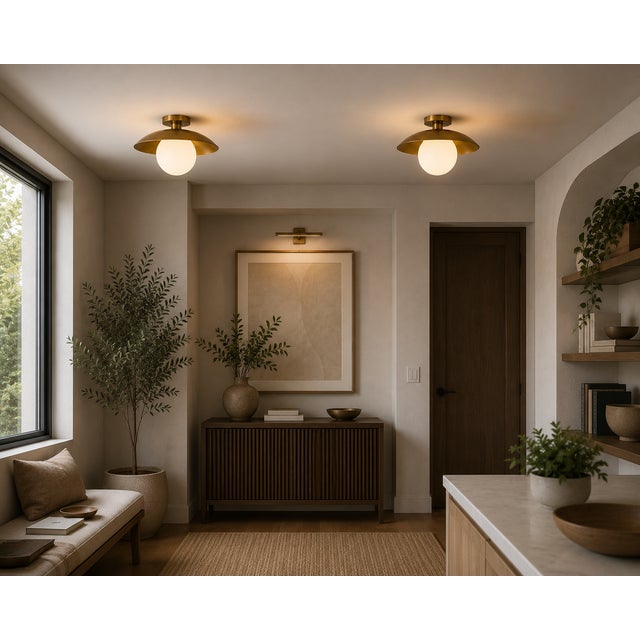Contemporary Handcrafted Solid Brass Flush Mount Ceiling Light With Opal Glass Globe For Sale - Image 3 of 9