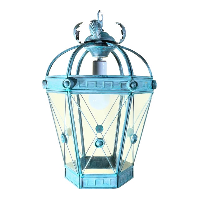 Vintage Style Solid Brass Verdigris Hanging Lantern - Restored & Rewired For Sale