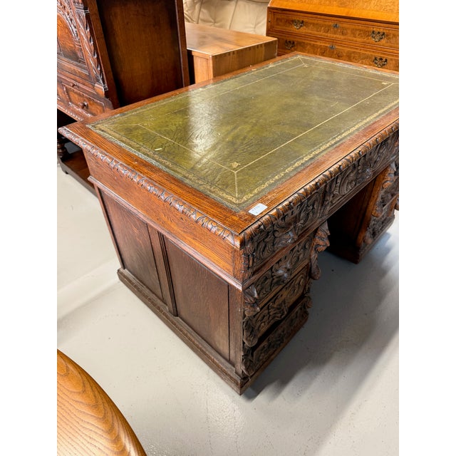 Antique Carved Oak Desk with Lion Handles, 1890s For Sale - Image 6 of 13