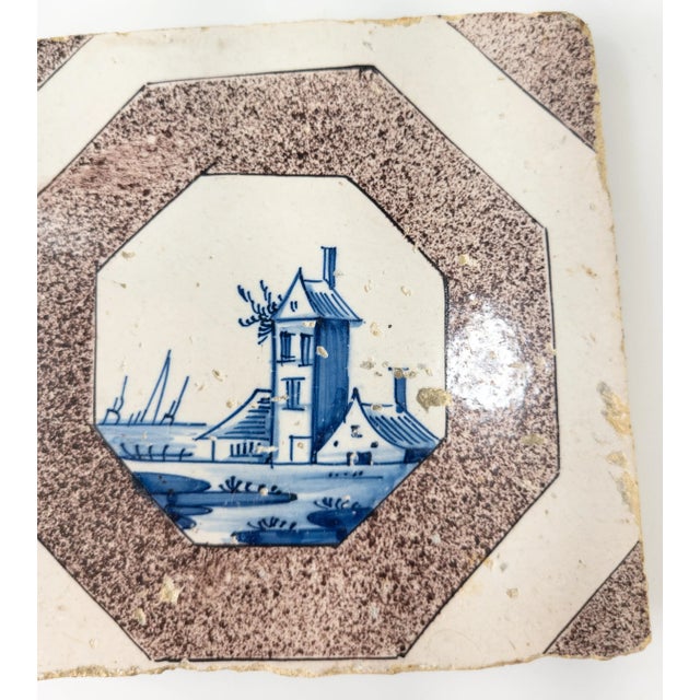 We are selling this English Bristol or Dutch Delft 18th or early 19th century tile. The tile has central landscape...