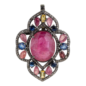 Modern-Style Solid Silver Shield Motif Ruby Pendant With Diamond for Valentines