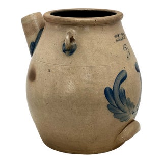 Rare Large 2 Gallon Size Antique American Blue Decorated Stoneware Batter Jug by Evan R Jones Pittston Pennsylvania 1860s For Sale