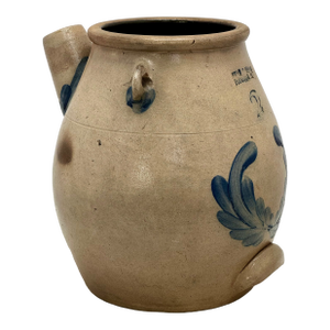 Rare Large 2 Gallon Size Antique American Blue Decorated Stoneware Batter Jug by Evan R Jones Pittston Pennsylvania 1860s