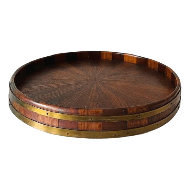 Antique Edwardian Wooden Tray with Sunray Motif and Brass Band, 1900s For Sale
