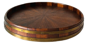 Antique Edwardian Wooden Tray with Sunray Motif and Brass Band, 1900s