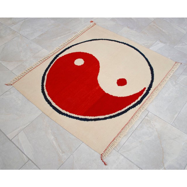 Cream Modern Turkish Kilim, Unique Yin Yang Design Rug, Zen Home Decor - 3'9" X 3'3" For Sale - Image 8 of 15