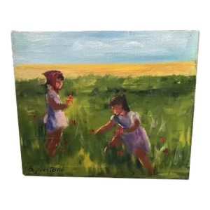 Vintage Expressionist Painting of Two Girls Picking Flowers
