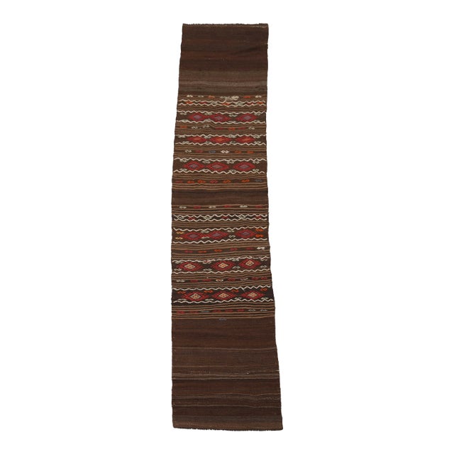 1970s Vintage Handmade Wool Cotton Brown Runner Rug For Sale