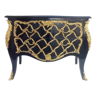 1990s Louis XV Royal Black Painted Chest of Drawers Dresser For Sale