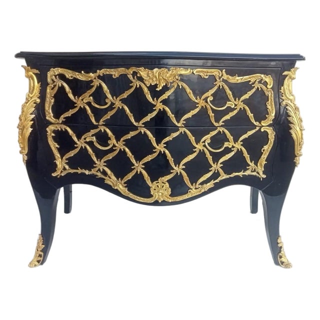 1990s Louis XV Royal Black Painted Chest of Drawers Dresser For Sale