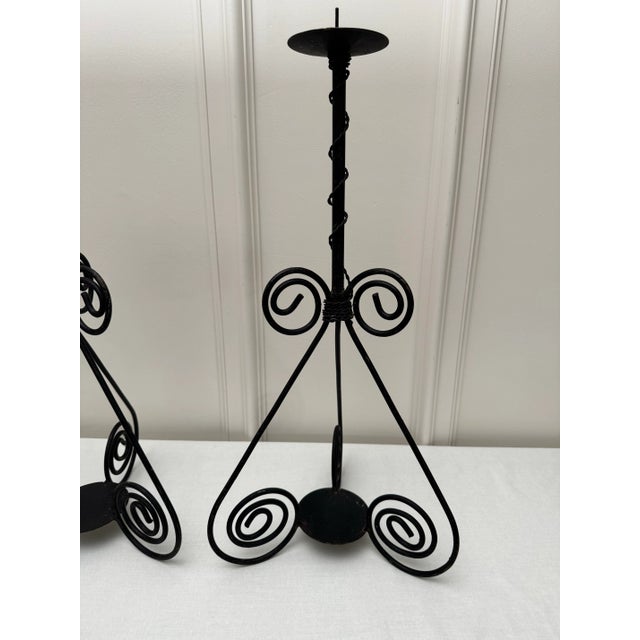 Metal Vintage Spanish Mid Century Modern Black Iron Candle Holders, a Pair For Sale - Image 7 of 12