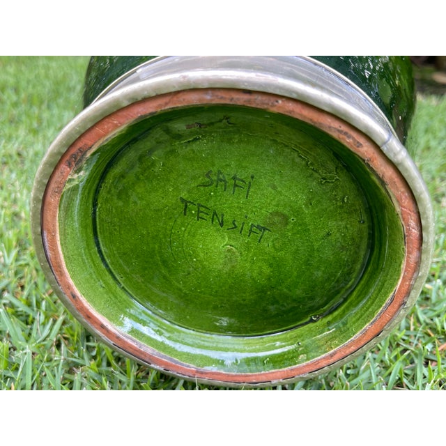 Vintage Signed Safi Tensift Moroccan Green Glazed Pottery Vase With Metal Mounts For Sale In Naples, FL - Image 6 of 10