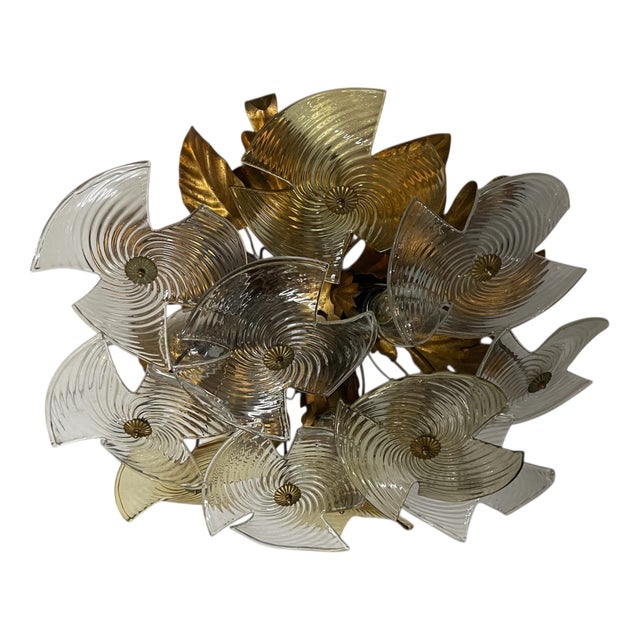 Murano Glass Flower Flush Mount with Tole Gilt For Sale