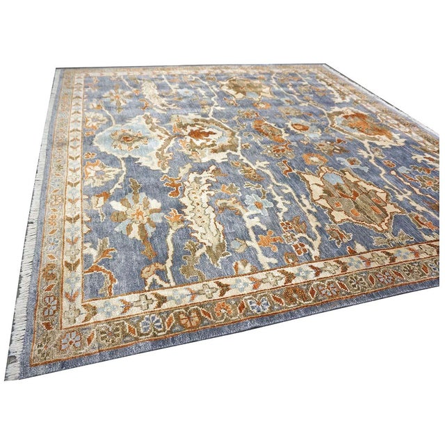 Early 21st Century Indian Sultanabad Silk 6x6 Blue, Orange & Ivory Handmade Square Area Rugs #1143145 For Sale - Image 5 of 14