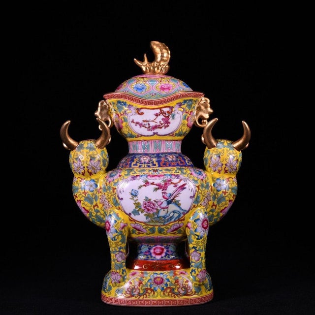 Chinese Yellow Ground Famille Rose Porcelain Zun Vase With Bull Handles For Sale - Image 4 of 9