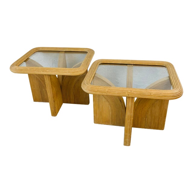 Pencil Reed, Glass Top Side Tables, a Pair For Sale