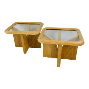 Pencil Reed, Glass Top Side Tables, a Pair