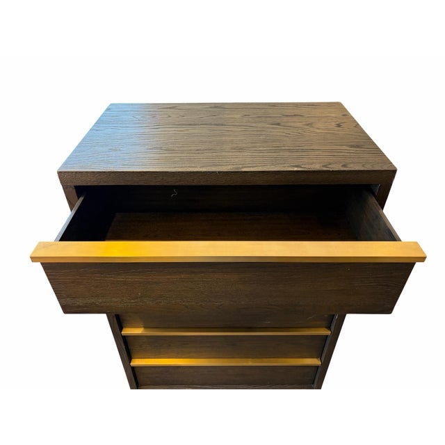Elevate your bedroom or living space with this stylish modern 5-drawer tallboy dresser, styled after Restoration...