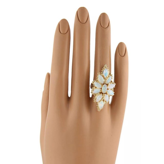 Late 20th Century Marquise Fire Opal Floral Design Long Finger 14k Yellow Gold Ring, Size 5 For Sale - Image 5 of 5