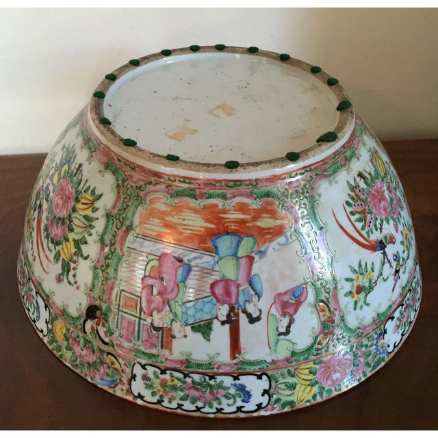 Large antique 19th c. Chinese export famille rose mandarin punch bowl profusely decorated inside and out with birds,...
