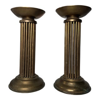 Vintage Hollywood Regency Column Brass Pillar Candle Holders, a Pair For Sale
