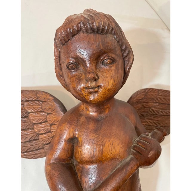Antique 1800's Hand Carved Wood Religious Winged Cherub Cupid Sculpture Statue For Sale In New York - Image 6 of 15