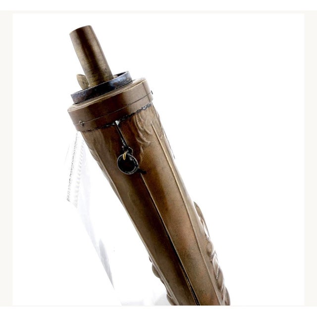 Antique 19th-Century Copper and Brass Powder Flask With Embossed Shell Motif, Civil War Era Firearm and Militaria Collectible For Sale - Image 9 of 11
