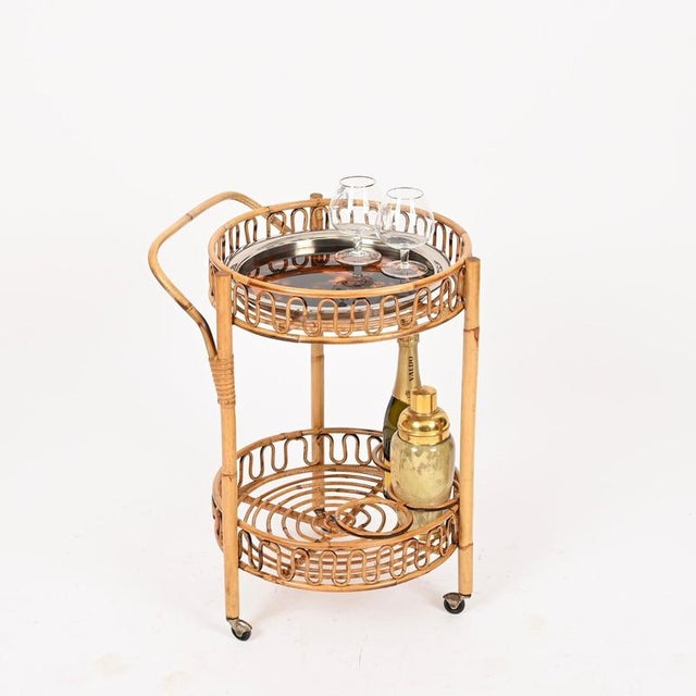 Wood Round Serving Bar Cart in Bamboo, Rattan and Wicker by Franco Albini, Italy, 1960s For Sale - Image 7 of 12