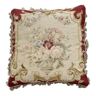 Vintage Large French Aubusson Tapestry Pillow Floral Roses Burgundy Edge Tassel Trim For Sale