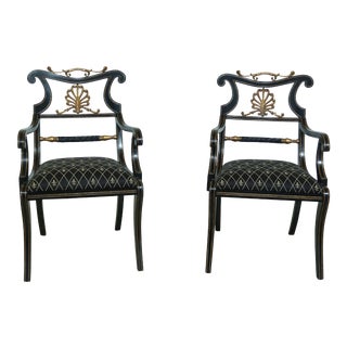 Pair Regency Style Black & Gold Armchairs For Sale