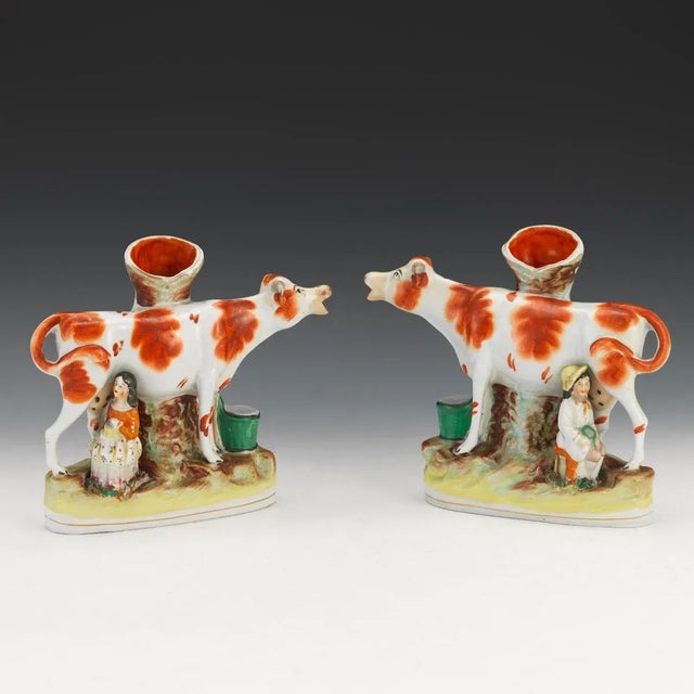 Orange Antique Staffordshire Flatback Cow and Milkmaid Spill Vases- a Pair For Sale - Image 8 of 8