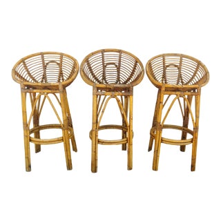 Modern 1950s Albini Style Rattan Bar Stools - Set of 3 For Sale