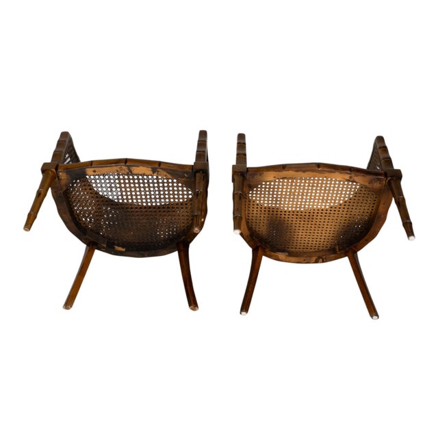 Pair Vintage Faux Bamboo Cane Barrel Chairs Hollywood Regency For Sale - Image 16 of 18