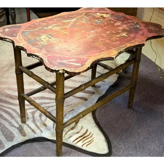 Red Early Mid Century Chinese Wood Table With Bamboo Wood Base For Sale - Image 8 of 14