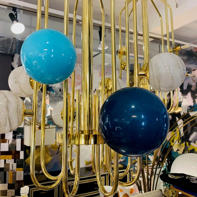 Bespoke Italian Alabaster White Murano Glass Brass Curved Globe Chandelier For Sale - Image 9 of 12