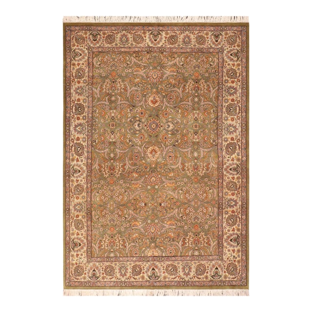 Shabby Chic Floral 1990's Pak-Persian Green/Beige Wool Rug - 6'1'' X 8'6'' For Sale