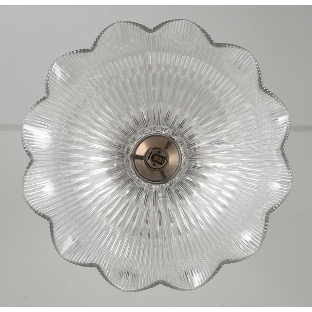 Vintage Clear Holophane Style Glass Brass Pole Pendant Light For Sale - Image 4 of 5
