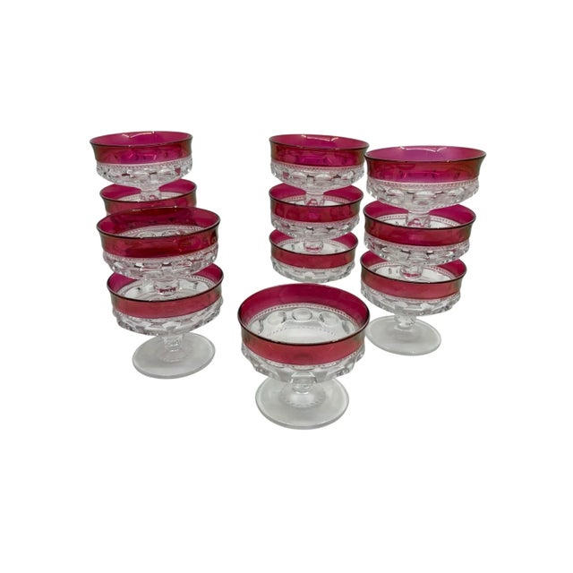 Vintage Indiana Glass Kings Crown Cranberry Champagne Sherbet Glasses- A Set of 12 For Sale - Image 9 of 11
