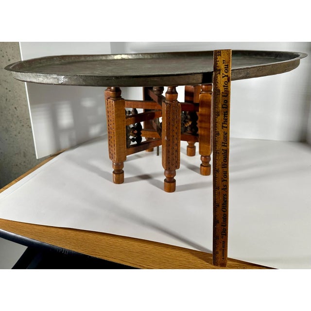 Moroccan Copper Tray Table: Hand-Etched Floral Design, Folding Wood Base For Sale - Image 9 of 10