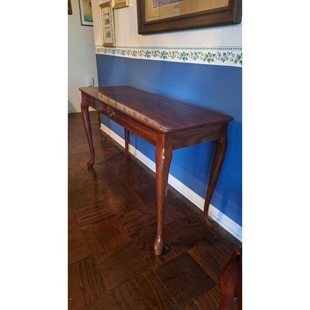 Vintage Queen Anne Cherry Veneer Console Table, 48", Cabriole Legs, Mahogany Finish For Sale - Image 4 of 10