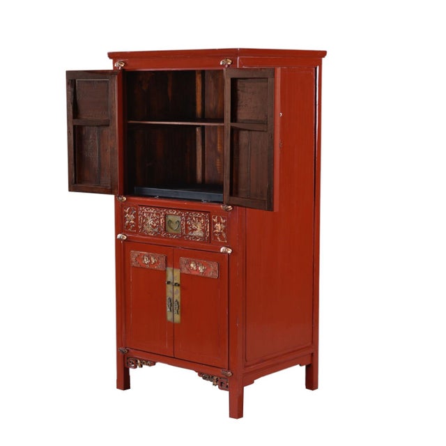 Ornately Carved Asian Modern Red Lacquer Gilt Gold Tv Cabinet Bar With Brass Hardware For Sale - Image 4 of 14