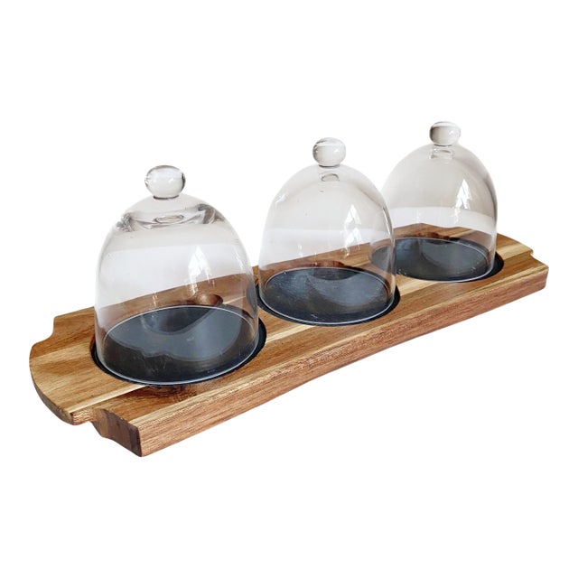 1990s Charcuterie Board With 3 Glass Domes on Wood Base For Sale