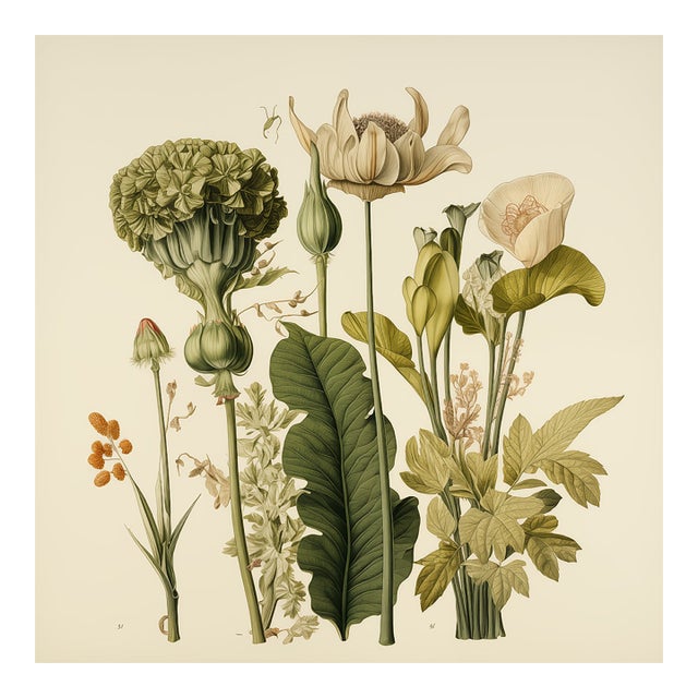 Vintage Botanical Garden Study No. 12 | Botanical Wall Art in Dark Green & Cream For Sale