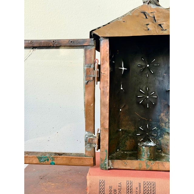 Mid 19th Century Antique Handcrafted Punched Tin & Copper Lantern | Folk Art Candle Lantern With Original Glass Door For Sale - Image 5 of 10