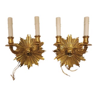 Pair of Mid 20th Century Art Deco Style Sunburst Brass Sconces For Sale