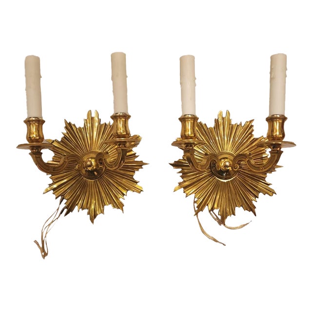 Pair of Mid 20th Century Art Deco Style Sunburst Brass Sconces For Sale