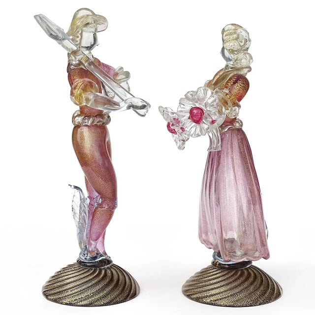 Mid-Century Modern Murano Vintage Sommerso Pink Gold Flecks Italian Art Glass Male Female Farmer Figure Sculptures - A Pair For Sale - Image 3 of 10