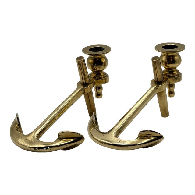 Mid-Century Modern Solid Brass Anchor Candlesticks — A Pair For Sale